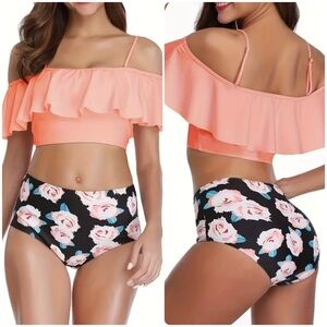 Orange Off Shoulder Ruffled Black Floral High Waisted Bikini Set